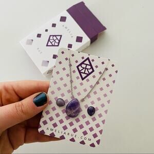 NEW AMELIA RUE Silver Amethyst Drops Gemstone Stud Earrings Necklace Jewelry Set